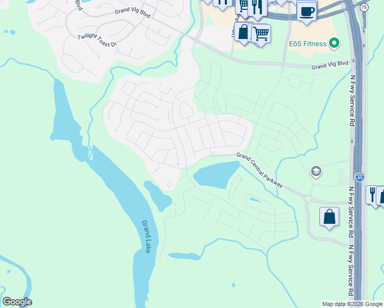 map of restaurants, bars, coffee shops, grocery stores, and more near Grand Lake Drive in Conroe