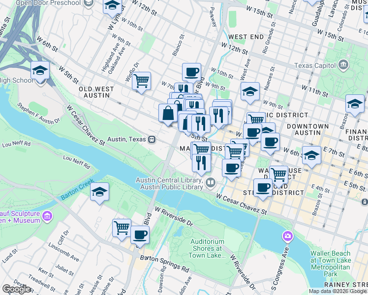 map of restaurants, bars, coffee shops, grocery stores, and more near in Austin