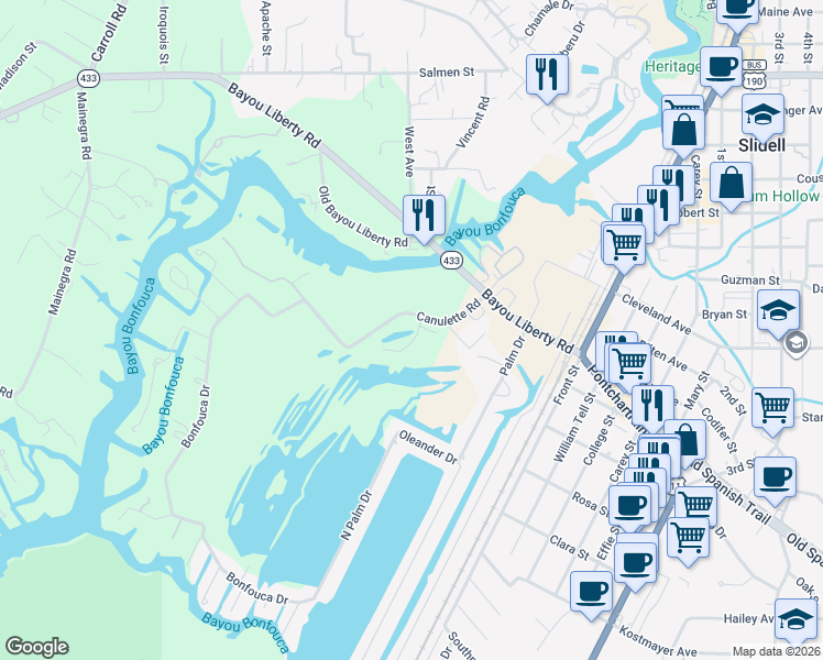 map of restaurants, bars, coffee shops, grocery stores, and more near 1400 Old Spanish Trail in Slidell