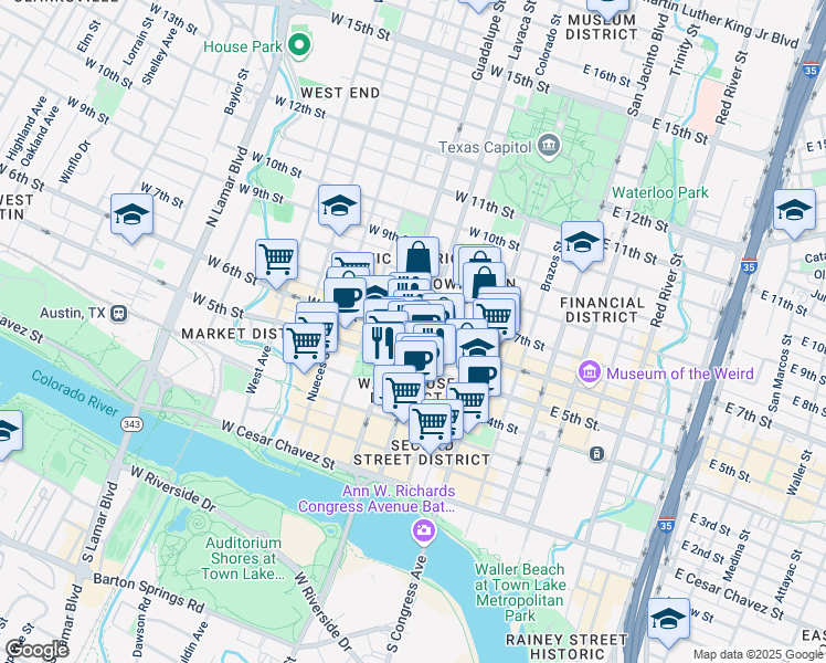 map of restaurants, bars, coffee shops, grocery stores, and more near 300 West 6th Street in Austin