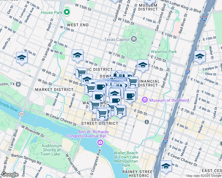 map of restaurants, bars, coffee shops, grocery stores, and more near 617 Colorado Street in Austin
