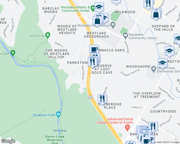 map of restaurants, bars, coffee shops, grocery stores, and more near South Capital of Texas Highway in Austin