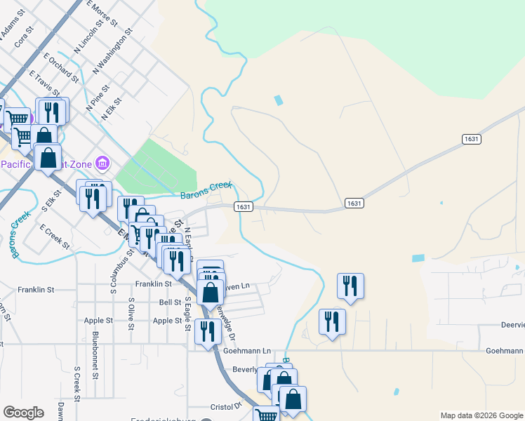 map of restaurants, bars, coffee shops, grocery stores, and more near 496 Ranch Road 1631 in Fredericksburg