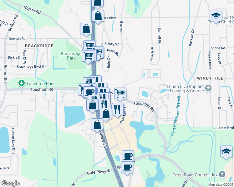 map of restaurants, bars, coffee shops, grocery stores, and more near 9475 Touchton Rd in Jacksonville