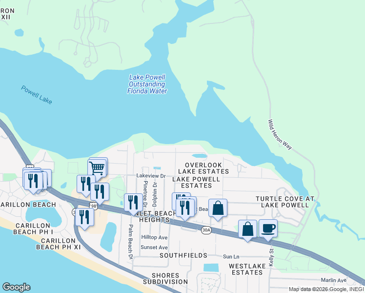 map of restaurants, bars, coffee shops, grocery stores, and more near 22301-22333 Lakeside Drive in Panama City Beach