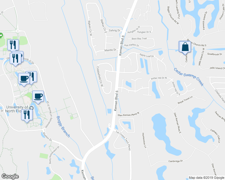 map of restaurants, bars, coffee shops, grocery stores, and more near 4549 Cobblefield Circle East in Jacksonville