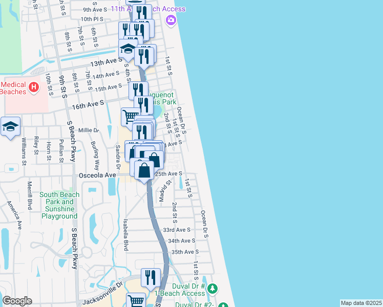 map of restaurants, bars, coffee shops, grocery stores, and more near 2323 1st Street South in Jacksonville Beach