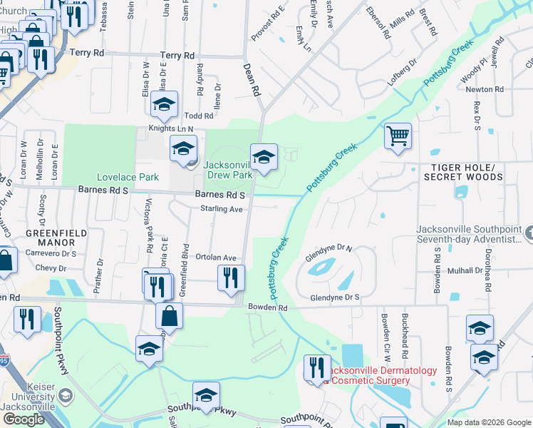 map of restaurants, bars, coffee shops, grocery stores, and more near 3131 Parental Home Road in Jacksonville