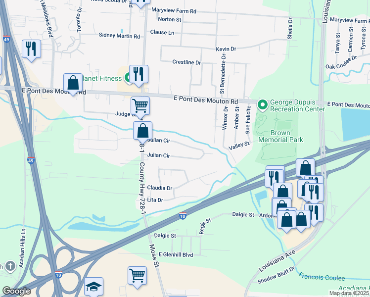 map of restaurants, bars, coffee shops, grocery stores, and more near 204 Julian Circle in Lafayette