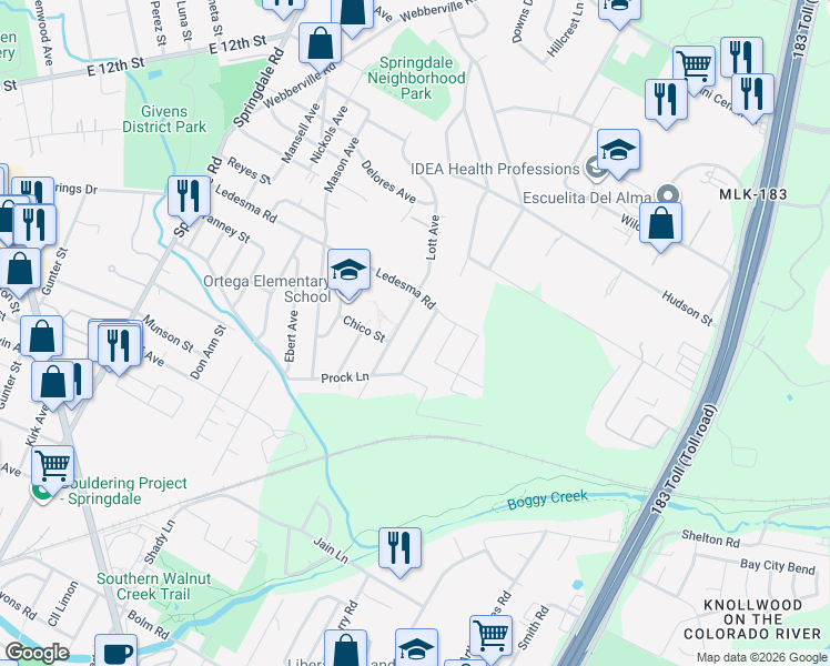 map of restaurants, bars, coffee shops, grocery stores, and more near 1112 Christie Drive in Austin