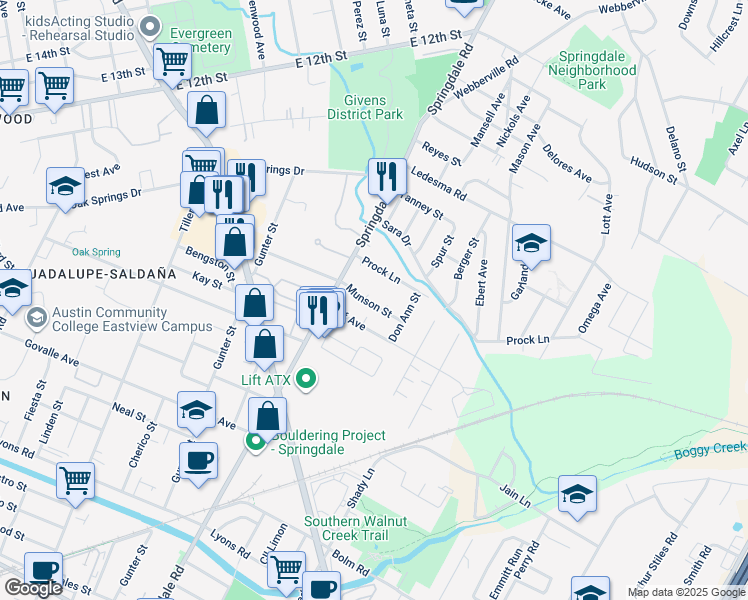 map of restaurants, bars, coffee shops, grocery stores, and more near 4704 Alf Avenue in Austin