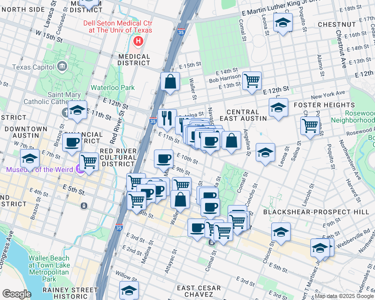 map of restaurants, bars, coffee shops, grocery stores, and more near 1100 East 10th Street in Austin
