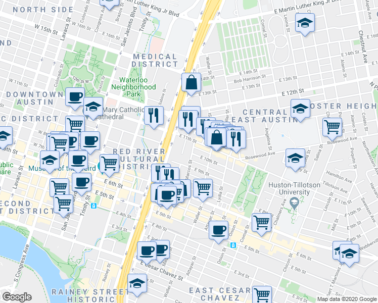 map of restaurants, bars, coffee shops, grocery stores, and more near in Austin