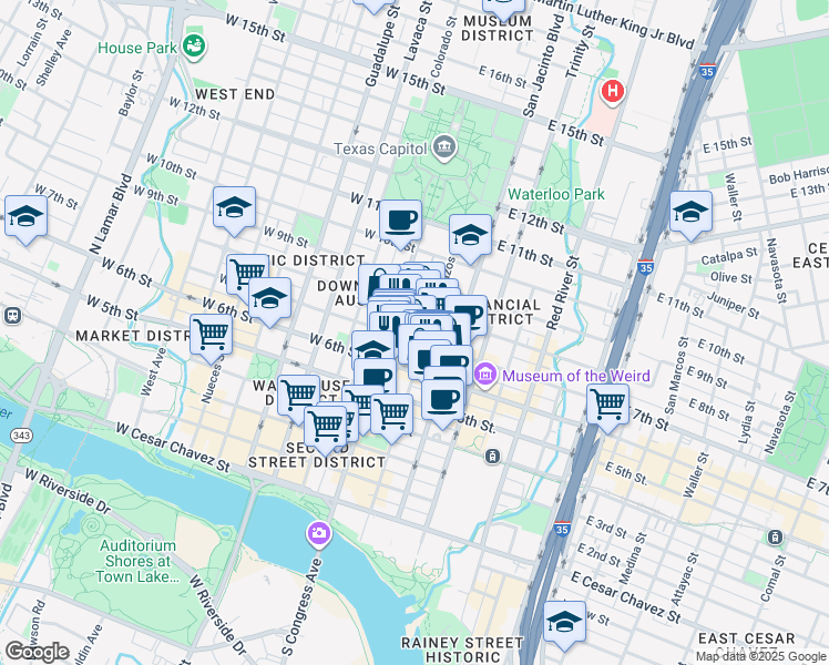 map of restaurants, bars, coffee shops, grocery stores, and more near 612 Brazos Street in Austin