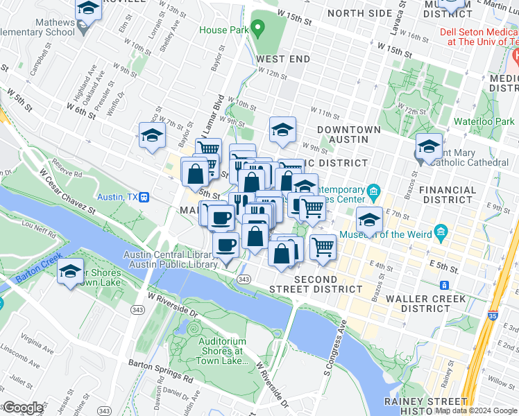map of restaurants, bars, coffee shops, grocery stores, and more near 404 Rio Grande Street in Austin