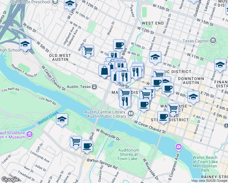map of restaurants, bars, coffee shops, grocery stores, and more near in Austin