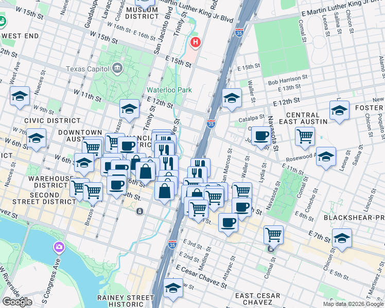 map of restaurants, bars, coffee shops, grocery stores, and more near 900 North Interstate Highway 35 in Austin