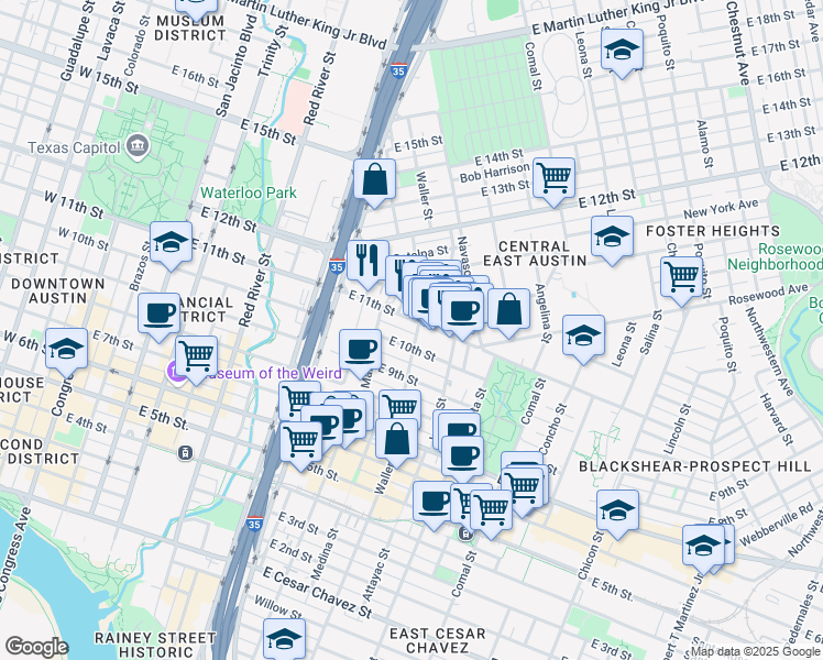 map of restaurants, bars, coffee shops, grocery stores, and more near 1006 Waller Street in Austin