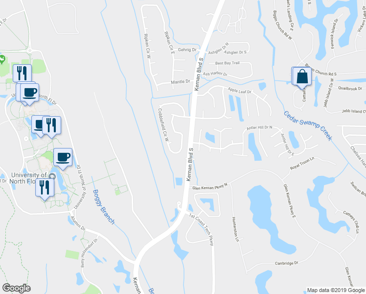 map of restaurants, bars, coffee shops, grocery stores, and more near 4549 Cobblefield Circle East in Jacksonville