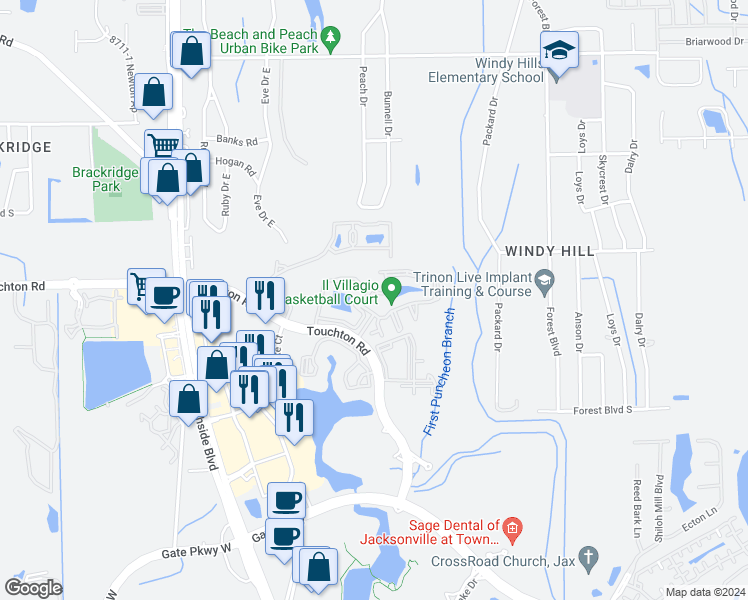 map of restaurants, bars, coffee shops, grocery stores, and more near 9745 Touchton Road in Jacksonville