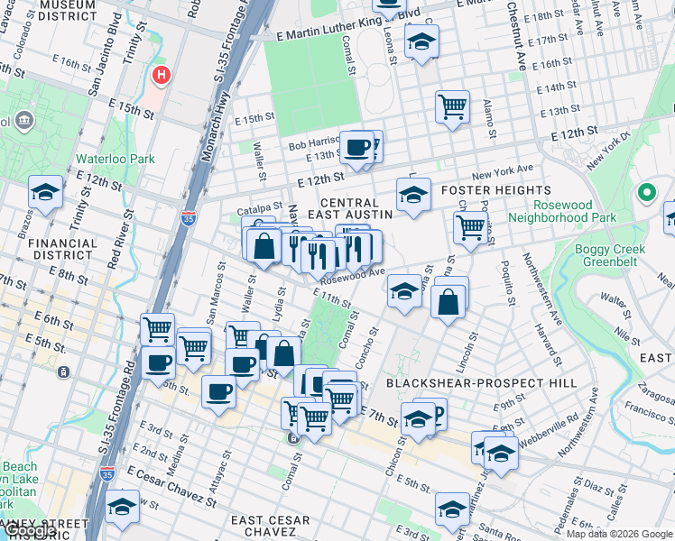map of restaurants, bars, coffee shops, grocery stores, and more near 1317 Rosewood Avenue in Austin