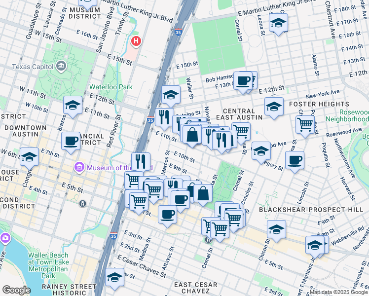 map of restaurants, bars, coffee shops, grocery stores, and more near 1006 Waller Street in Austin