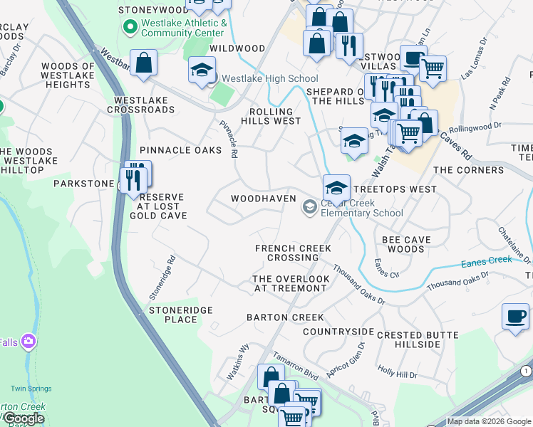 map of restaurants, bars, coffee shops, grocery stores, and more near 3404 Rain Forest Drive in Austin