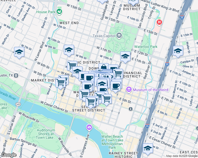 map of restaurants, bars, coffee shops, grocery stores, and more near 617 Colorado Street in Austin