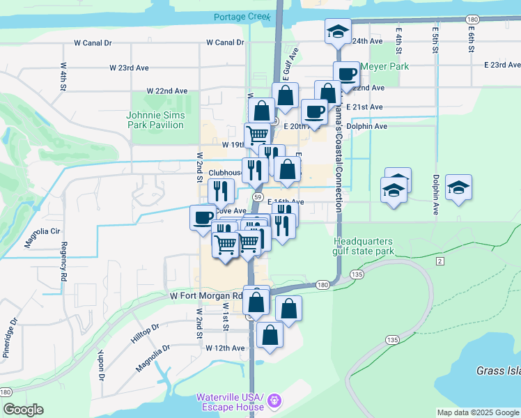 map of restaurants, bars, coffee shops, grocery stores, and more near 1441 Gulf Shores Parkway in Gulf Shores