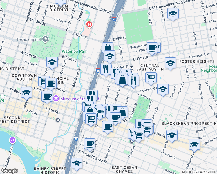 map of restaurants, bars, coffee shops, grocery stores, and more near 1002 San Marcos Street in Austin