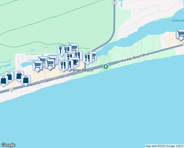 map of restaurants, bars, coffee shops, grocery stores, and more near 25768 Perdido Beach Boulevard in Orange Beach