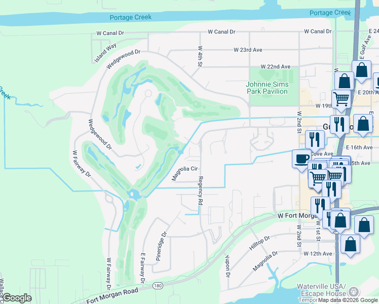 map of restaurants, bars, coffee shops, grocery stores, and more near 600 Magnolia Circle in Gulf Shores