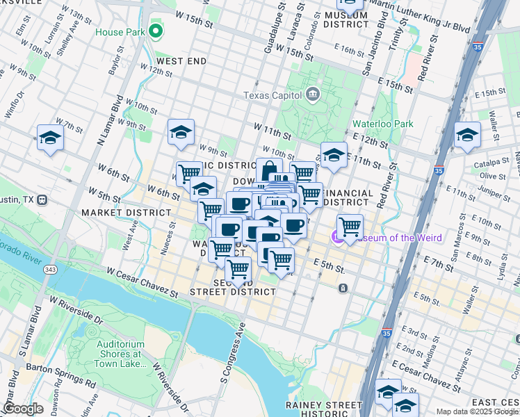 map of restaurants, bars, coffee shops, grocery stores, and more near 15 West 6th Street in Austin