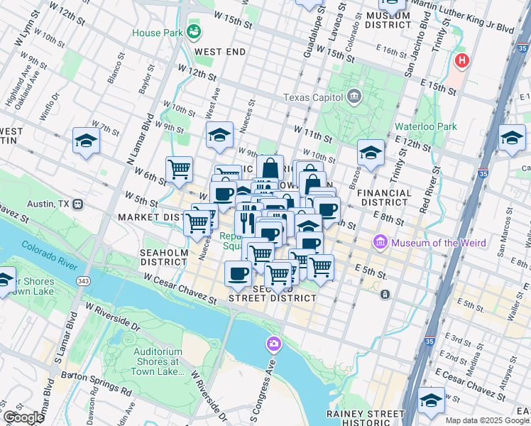 map of restaurants, bars, coffee shops, grocery stores, and more near 311 West 5th Street in Austin
