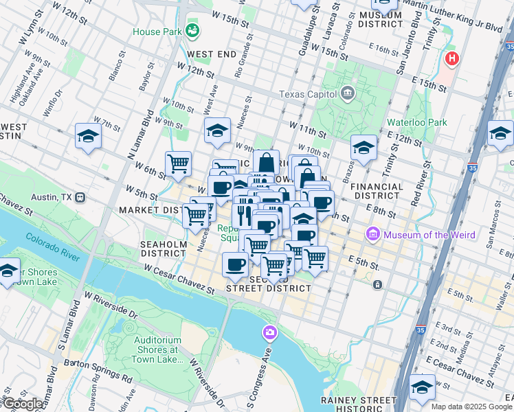 map of restaurants, bars, coffee shops, grocery stores, and more near 311 West 5th Street in Austin