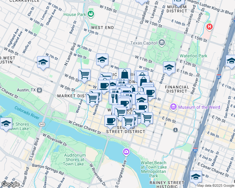 map of restaurants, bars, coffee shops, grocery stores, and more near 311 West 5th Street in Austin