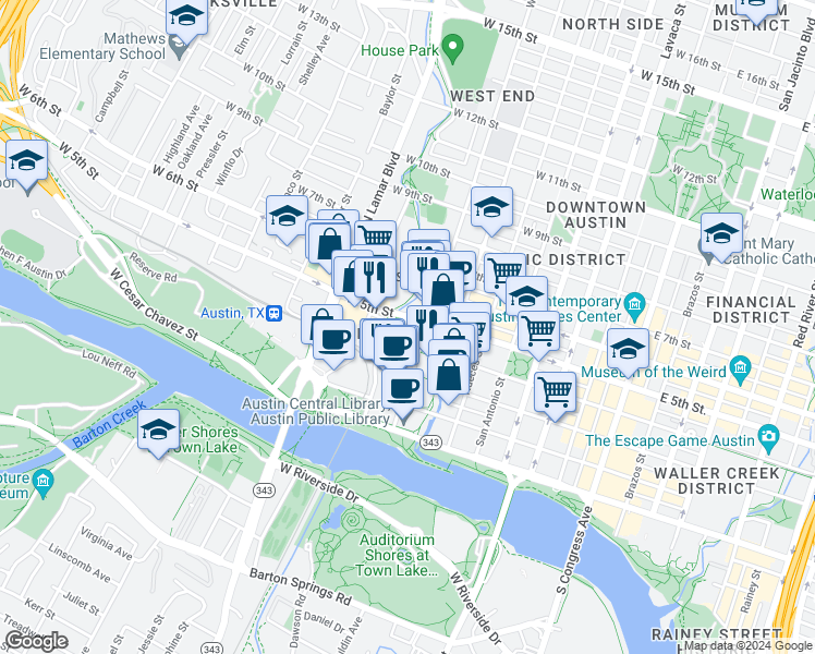 map of restaurants, bars, coffee shops, grocery stores, and more near in Austin