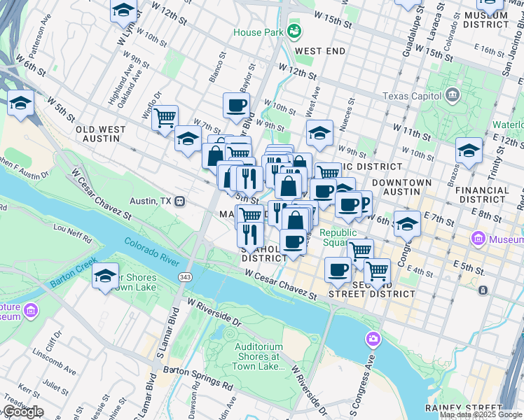 map of restaurants, bars, coffee shops, grocery stores, and more near in Austin