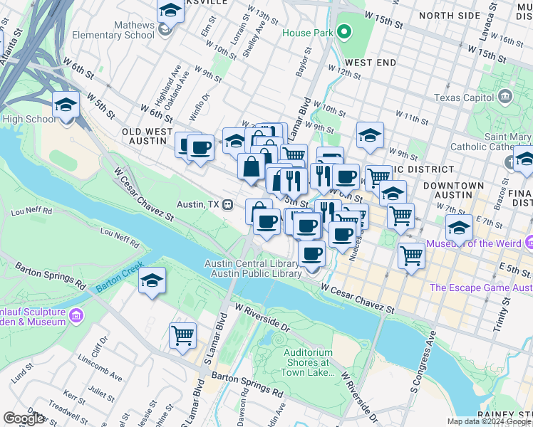 map of restaurants, bars, coffee shops, grocery stores, and more near in Austin