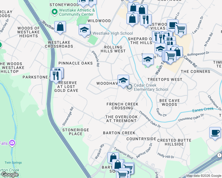map of restaurants, bars, coffee shops, grocery stores, and more near 3404 Rain Forest Drive in Austin