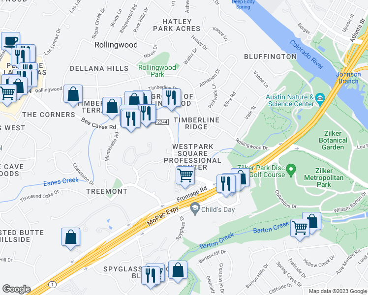 map of restaurants, bars, coffee shops, grocery stores, and more near 2702 Bee Cave Road in Austin