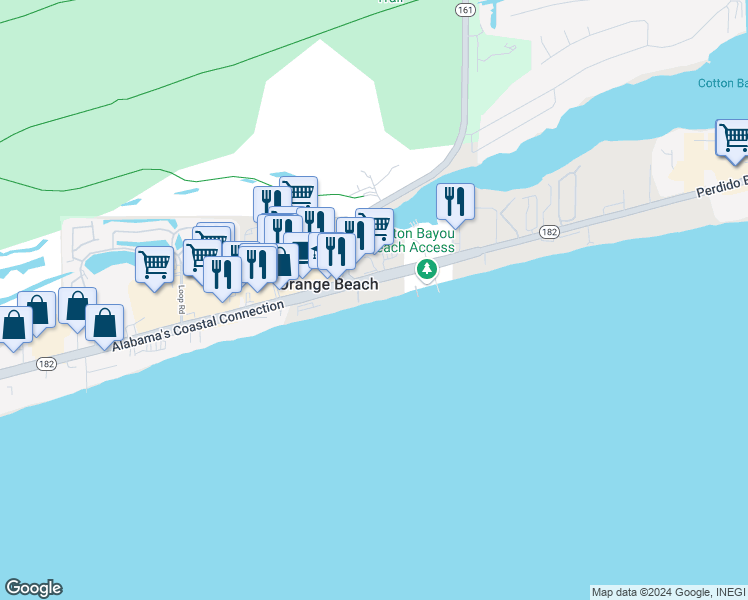 map of restaurants, bars, coffee shops, grocery stores, and more near 25800 Perdido Beach Boulevard in Orange Beach