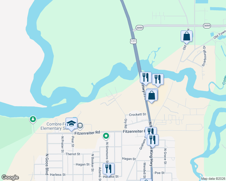 map of restaurants, bars, coffee shops, grocery stores, and more near 2480 Ory Road in Lake Charles