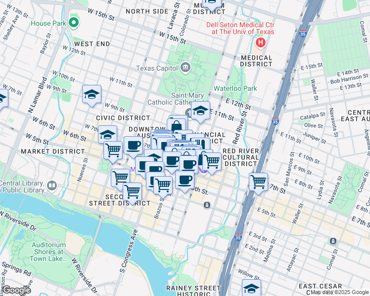 map of restaurants, bars, coffee shops, grocery stores, and more near 304 East 7th Street in Austin