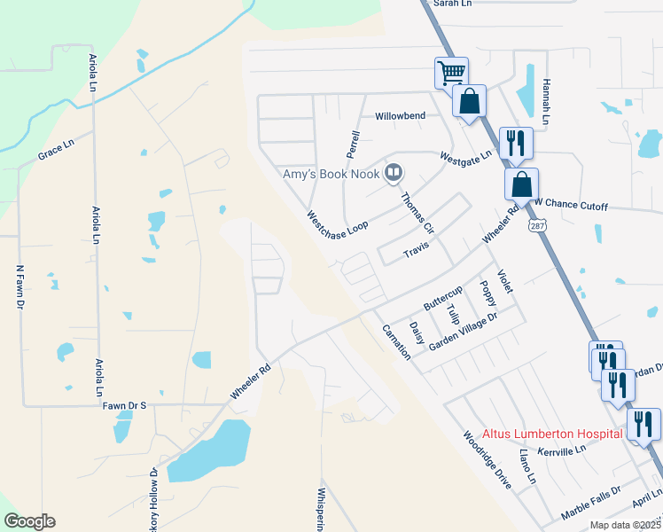 map of restaurants, bars, coffee shops, grocery stores, and more near 5700 Shadowbend Circle West in Lumberton