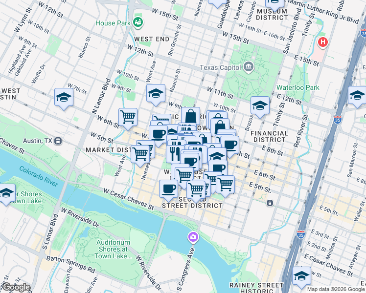 map of restaurants, bars, coffee shops, grocery stores, and more near 311 West 5th Street in Austin