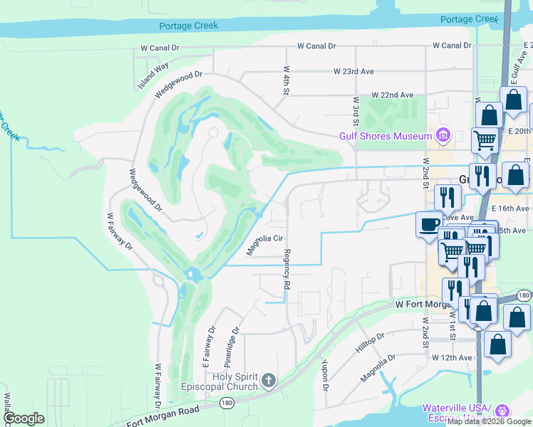 map of restaurants, bars, coffee shops, grocery stores, and more near 607 Magnolia Circle in Gulf Shores