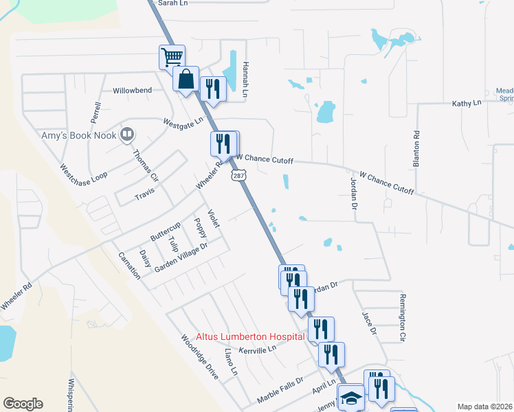 map of restaurants, bars, coffee shops, grocery stores, and more near 358 North Lhs Drive in Lumberton