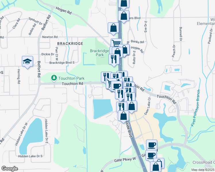 map of restaurants, bars, coffee shops, grocery stores, and more near 406 Deerwood Lake Parkway in Jacksonville