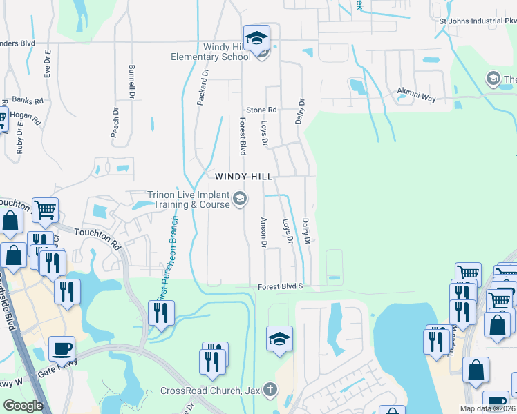 map of restaurants, bars, coffee shops, grocery stores, and more near 4323 Anson Drive in Jacksonville